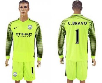 Manchester City #1 C.Bravo Green Goalkeeper Long Sleeves Soccer Club Jersey