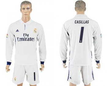 Real Madrid #1 Casillas White Home Long Sleeve Soccer Club Jersey