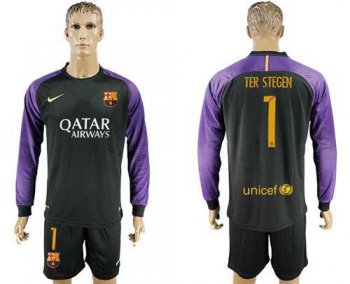 Barcelona #1 Ter Stegen Black Goalkeeper Long Sleeves Soccer Club Jersey