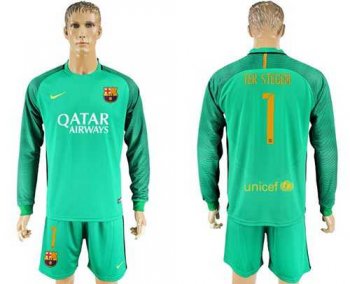 Barcelona #1 Ter Stegen Green Goalkeeper Long Sleeves Soccer Club Jersey