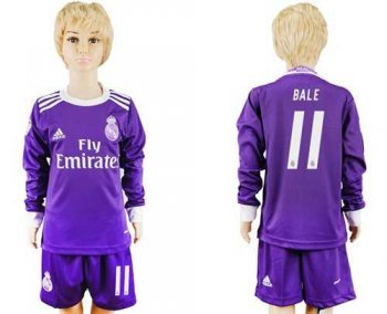 Real Madrid #11 Bale Away Long Sleeves Kid Soccer Club Jersey