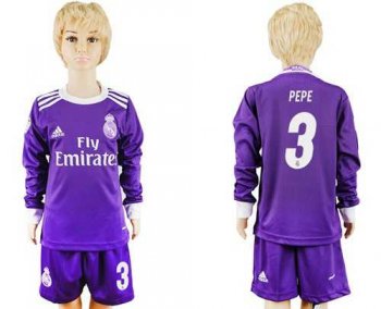 Real Madrid #3 Pepe Away Long Sleeves Kid Soccer Club Jersey