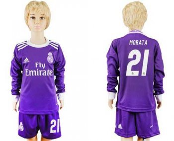 Real Madrid #21 Morata Away Long Sleeves Kid Soccer Club Jers