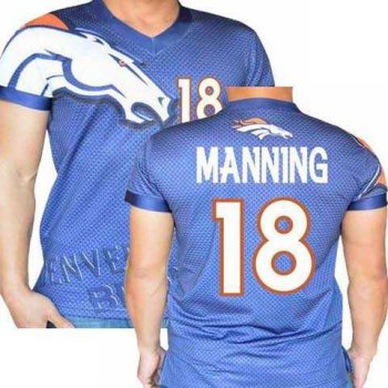 Denver Broncos Navy #18 Peyton Manning Stretch Shirt Name Number Player Personalized Blue Mens Adults NFL T-Shirts Tee Shirts