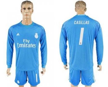 Real Madrid #1 Casillas Sky Blue Goalkeeper Long Sleeves Soccer Club Jersey