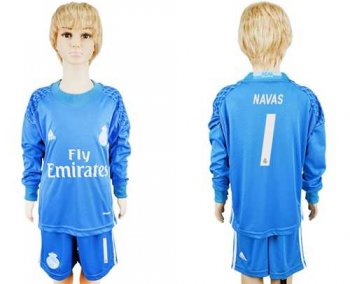 Real Madrid #1 Navas Sky Blue Goalkeeper Long Sleeves Kid Soccer Club Jersey