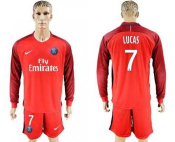 Paris Saint-Germain #7 Lucas Red Long Sleeves Soccer Club Jersey