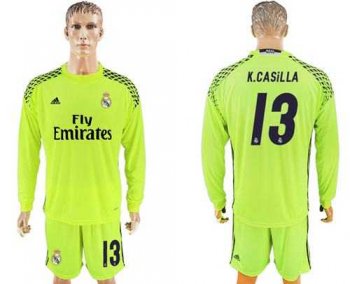 Real Madrid #13 K.Casilla Shiny Green Goalkeeper Long Sleeves Soccer Club Jersey