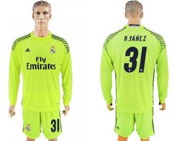 Real Madrid #31 R.Yanez Shiny Green Goalkeeper Long Sleeves Soccer Club Jersey