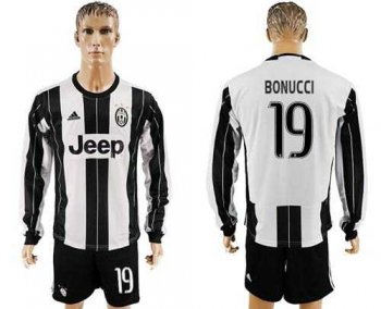 Juventus #19 Bonucci Home Long Sleeves Soccer Club Jersey