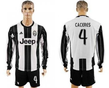 Juventus #4 Caceres Home Long Sleeves Soccer Club Jersey