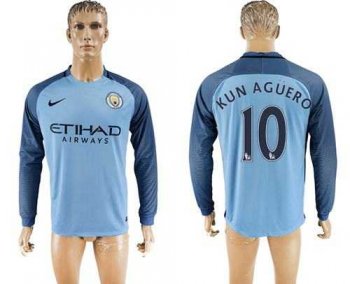 Manchester City #10 Kun Aguero Home Long Sleeves Soccer Club Jersey