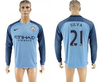 Manchester City #21 Silva Home Long Sleeves Soccer Club Jersey