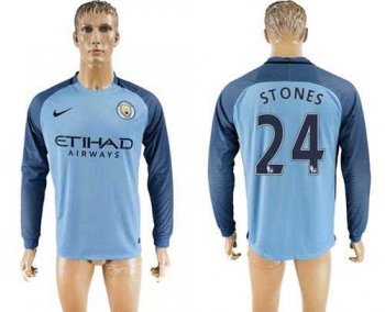 Manchester City #24 Stones Home Long Sleeves Soccer Club Jersey