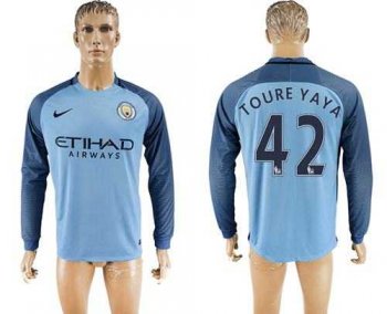 Manchester City #42 Toure Yaya Home Long Sleeves Soccer Club Jersey