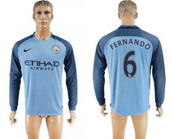 Manchester City #6 Fernando Home Long Sleeves Soccer Club Jersey