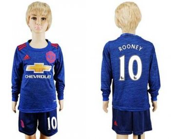 Manchester United #10 Rooney Away Long Sleeves Kid Soccer Club Jersey