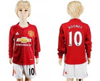 Manchester United #10 Rooney Home Long Sleeves Kid Soccer Club Jersey