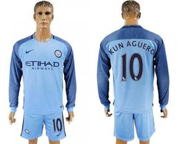 Manchester City #10 Kun Aguero Home Long Sleeves Soccer Club Jersey