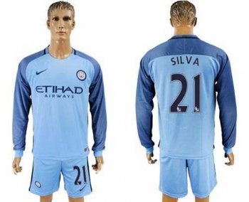 Manchester City #21 Silva Home Long Sleeves Soccer Club Jersey