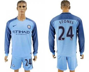 Manchester City #24 Stones Home Long Sleeves Soccer Club Jersey