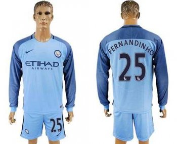 Manchester City #25 Fernandinho Home Long Sleeves Soccer Club Jersey