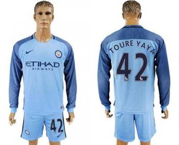 Manchester City #42 Toure Yaya Home Long Sleeves Soccer Club Jersey