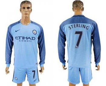 Manchester City #7 Sterling Home Long Sleeves Soccer Club Jersey