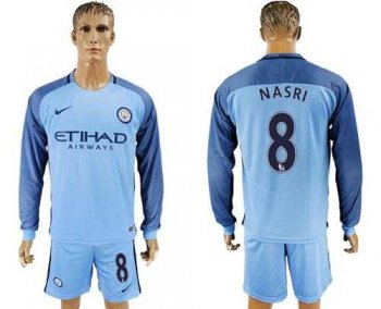 Manchester City #8 Nasri Home Long Sleeves Soccer Club Jersey