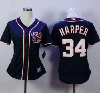 Women Washington Nationals #34 Bryce Harper Navy Blue Alternate 2 Stitched MLB Jersey