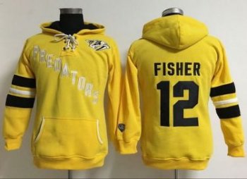 Women Nashville Predators #12 Mike Fisher Yellow Old Time Heidi Hoodie NHL Hoodie