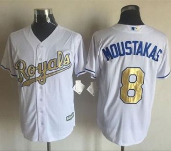 Kansas City Royals #8 Mike Moustakas New Cool Base 2015 World Series Champions Gold Program Majestic Mens Stitched Baseball Jersey-White