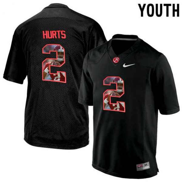 Youth Alabama Crimson Tide #2 Jalen Hurts Black With Portrait Print Youth College Football Jersey