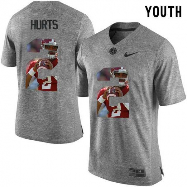 Youth Alabama Crimson Tide #2 Jalen Hurts Gray With Portrait Print Youth College Football Jersey