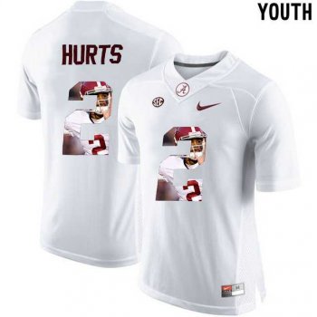 Youth Alabama Crimson Tide #2 Jalen Hurts White With Portrait Print Youth College Football Jersey