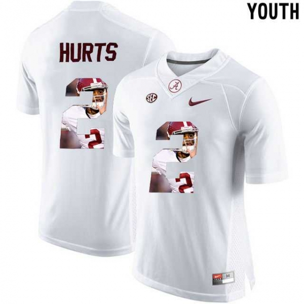 Youth Alabama Crimson Tide #2 Jalen Hurts White With Portrait Print Youth College Football Jersey