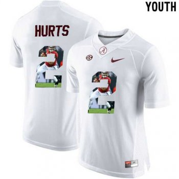 Youth Alabama Crimson Tide #2 Jalen Hurts White With Portrait Print Youth College Football Jersey2