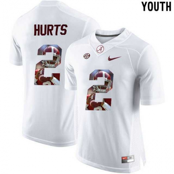 Youth Alabama Crimson Tide #2 Jalen Hurts White With Portrait Print Youth College Football Jersey3