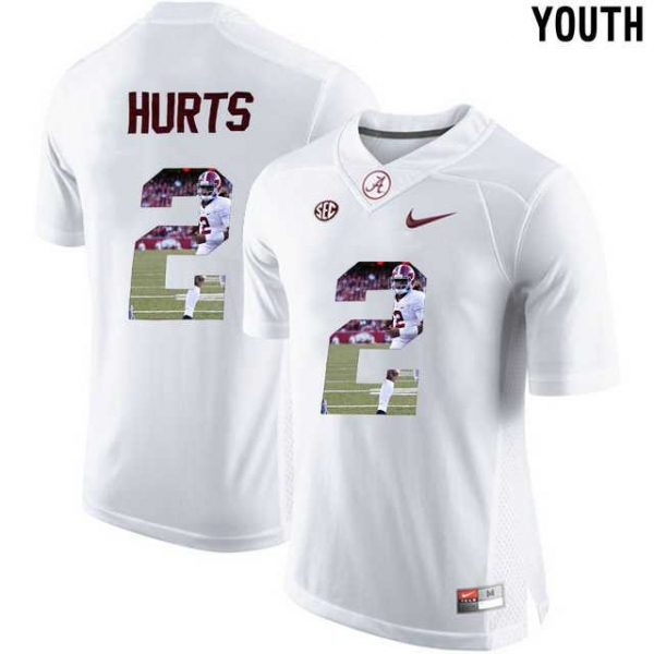 Youth Alabama Crimson Tide #2 Jalen Hurts White With Portrait Print Youth College Football Jersey4