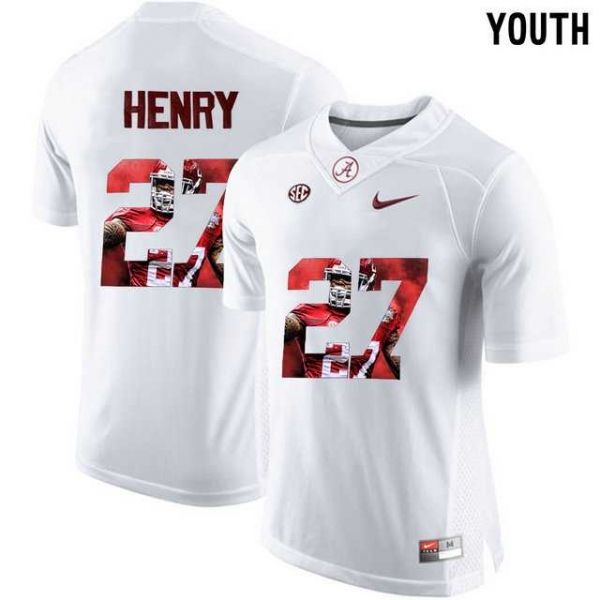 Youth Alabama Crimson Tide #27 Antonio Henry White With Portrait Print Youth College Football Jersey