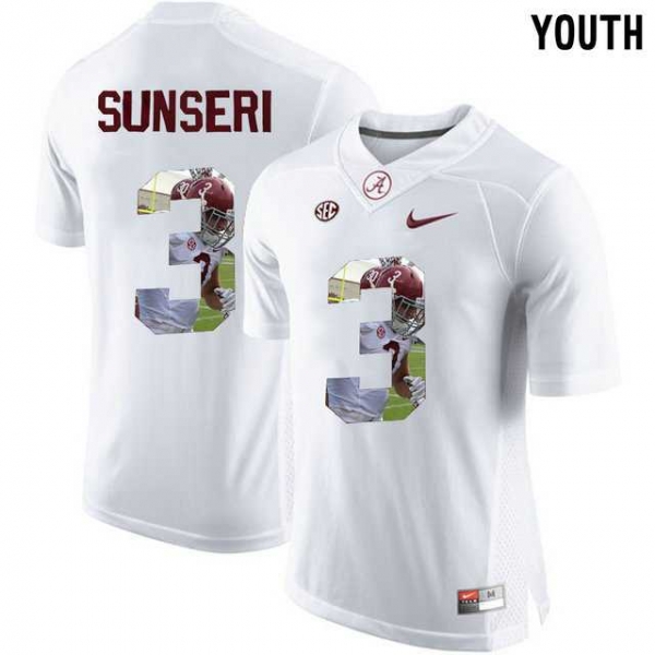 Youth Alabama Crimson Tide #3 Vinnie Sunseri White With Portrait Print Youth College Football Jersey