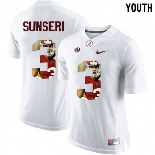 Youth Alabama Crimson Tide #3 Vinnie Sunseri White With Portrait Print Youth College Football Jersey2