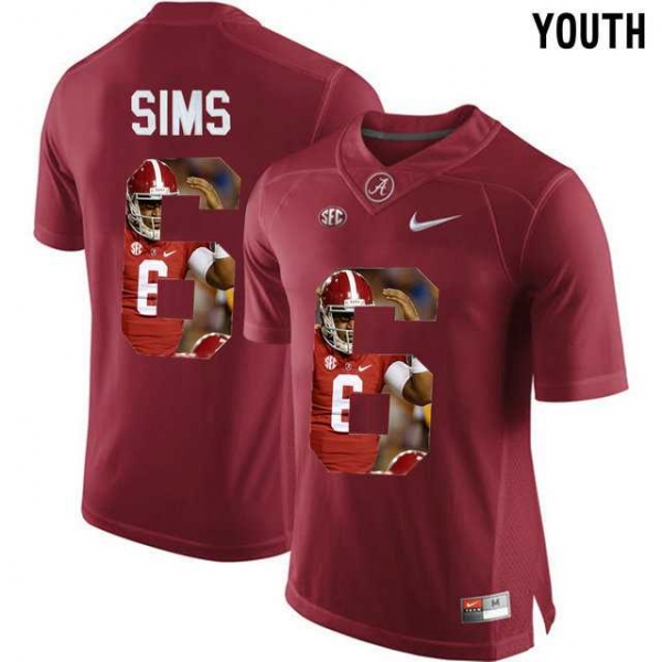 Youth Alabama Crimson Tide #6 Blake Sims Red With Portrait Print Youth College Football Jersey2