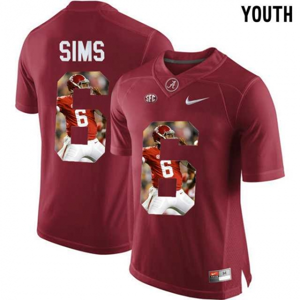 Youth Alabama Crimson Tide #6 Blake Sims Red With Portrait Print Youth College Football Jersey6