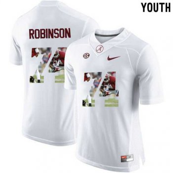 Youth Alabama Crimson Tide #74 Cam Robinson White With Portrait Print Youth College Football Jersey