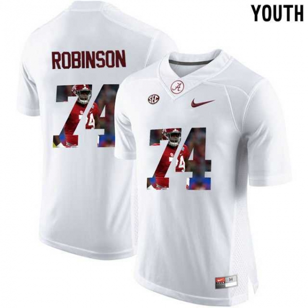 Youth Alabama Crimson Tide #74 Cam Robinson White With Portrait Print Youth College Football Jersey2