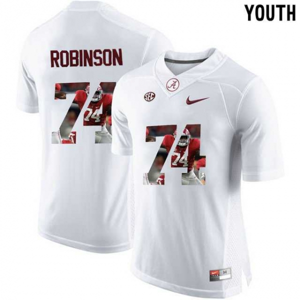 Youth Alabama Crimson Tide #74 Cam Robinson White With Portrait Print Youth College Football Jersey3