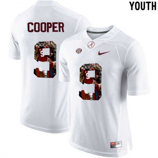 Youth Alabama Crimson Tide #9 Amari Cooper White With Portrait Print College Youth Football Jersey