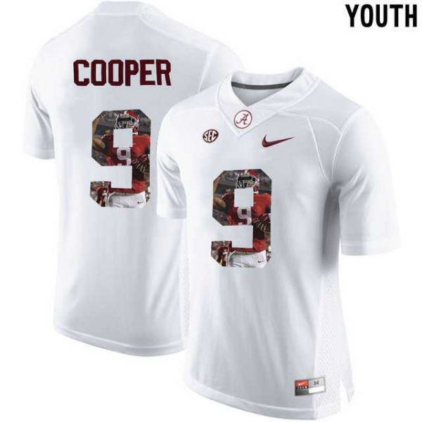 Youth Alabama Crimson Tide #9 Amari Cooper White With Portrait Print College Youth Football Jersey3