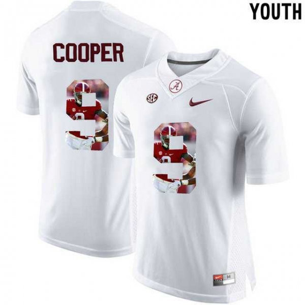 Youth Alabama Crimson Tide #9 Amari Cooper White With Portrait Print College Youth Football Jersey4